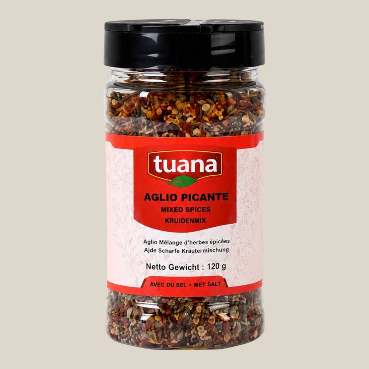TuanaShop BV Aglio Picante kruidenmix in een transparante pot met zwarte dop en rood etiket