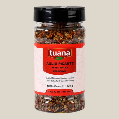 TuanaShop BV Aglio Picante kruidenmix in een transparante pot met zwarte dop en rood etiket