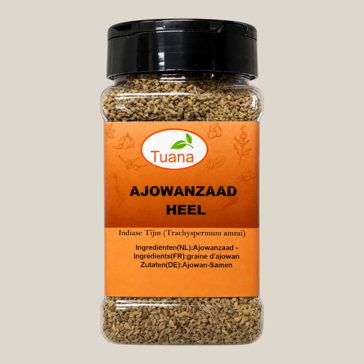 TuanaShop BV pot met hele ajowanzaad, een aromatisch Indiaas kruid met een smaak die doet denken aan tijm.