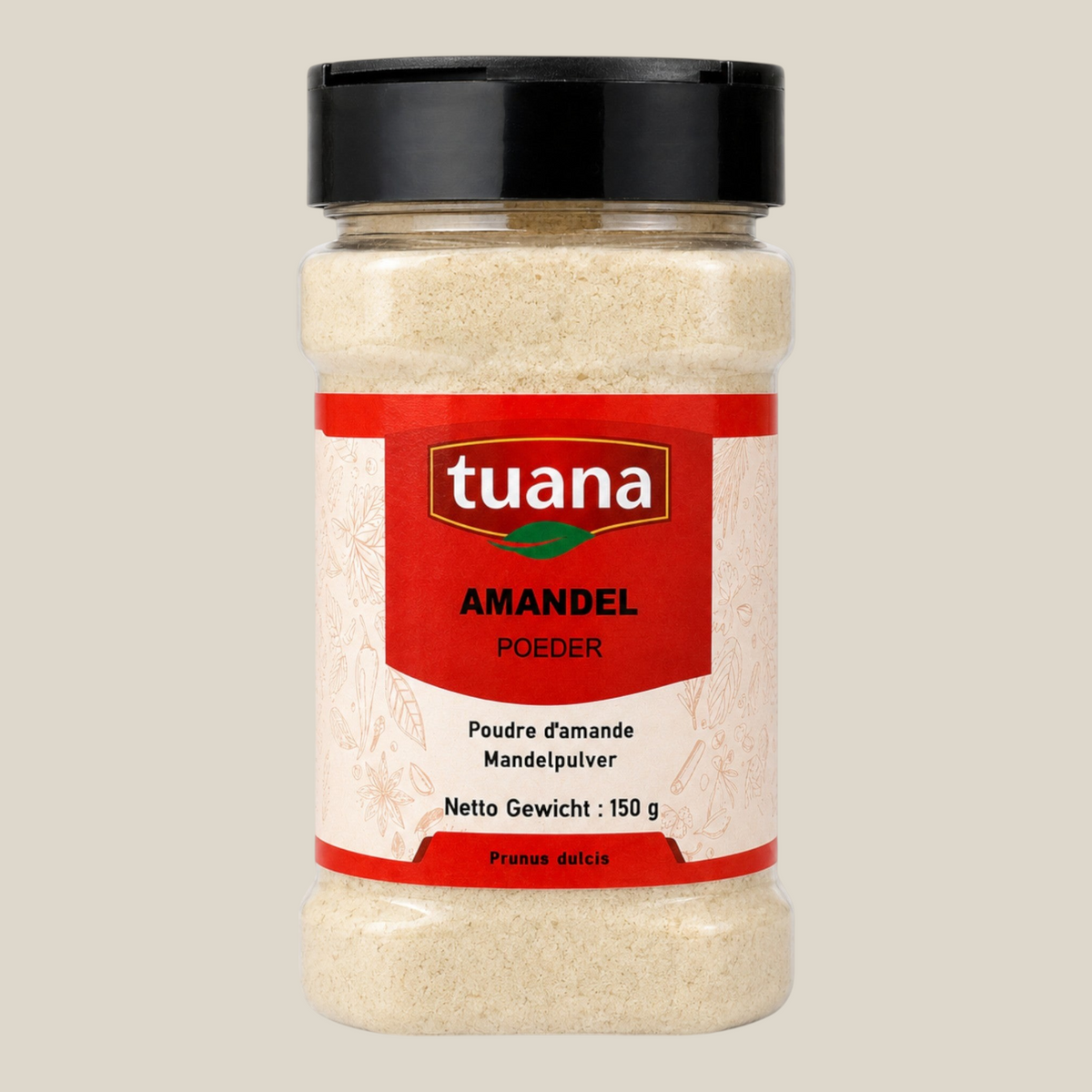 TuanaShop BV amandelpoeder in een doorzichtige voorraadpot met zwart deksel en rood etiket voor bakken en desserts
