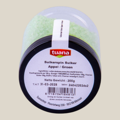 TuanaShop BV suikerspinsuiker met appelsmaak in een groene kleur, verpakt in een handige pot van 200 gram.