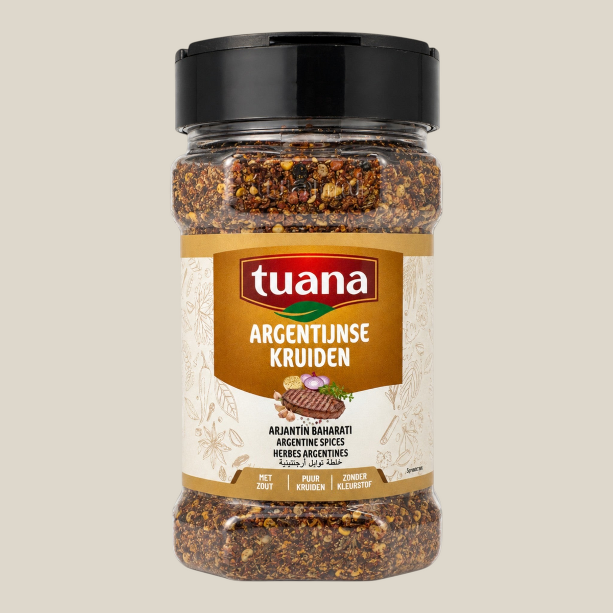 TuanaShop BV Argentijnse kruidenmix in een transparante strooibus voor vlees en barbecuegerechten