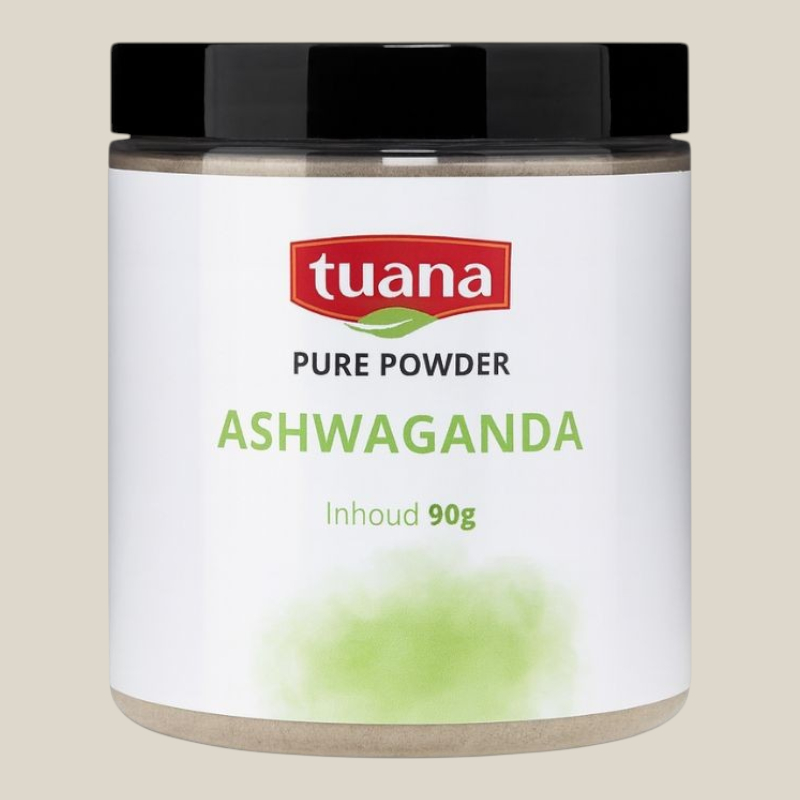 TuanaShop BV Ashwaganda wortel gemalen poeder in een pot van 90g voor smoothies en thee