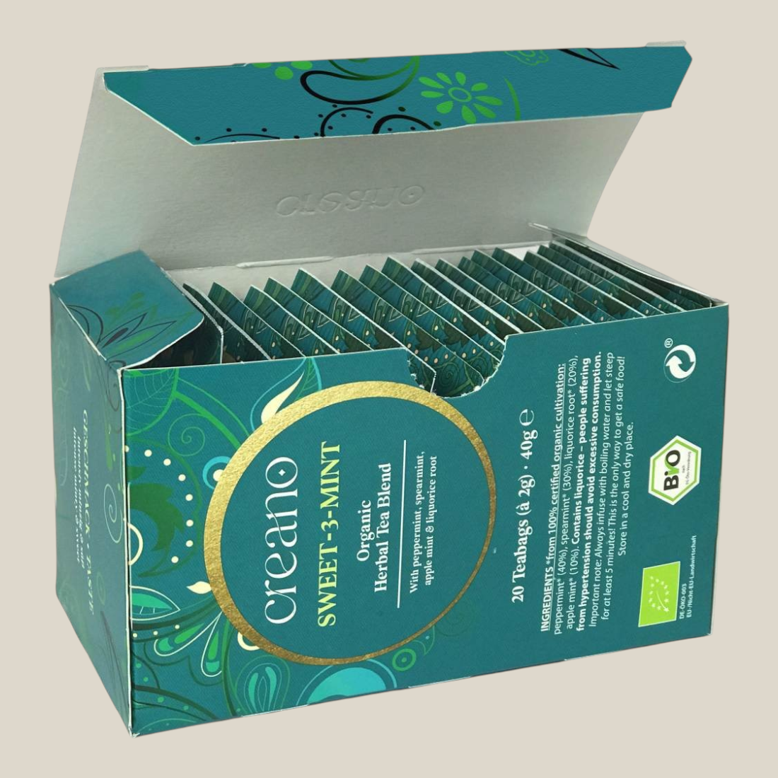 TuanaShop BV verpakking met 20 biologische Sweet 3 Mint theezakjes, een verfrissende mix van munt en zoethout.