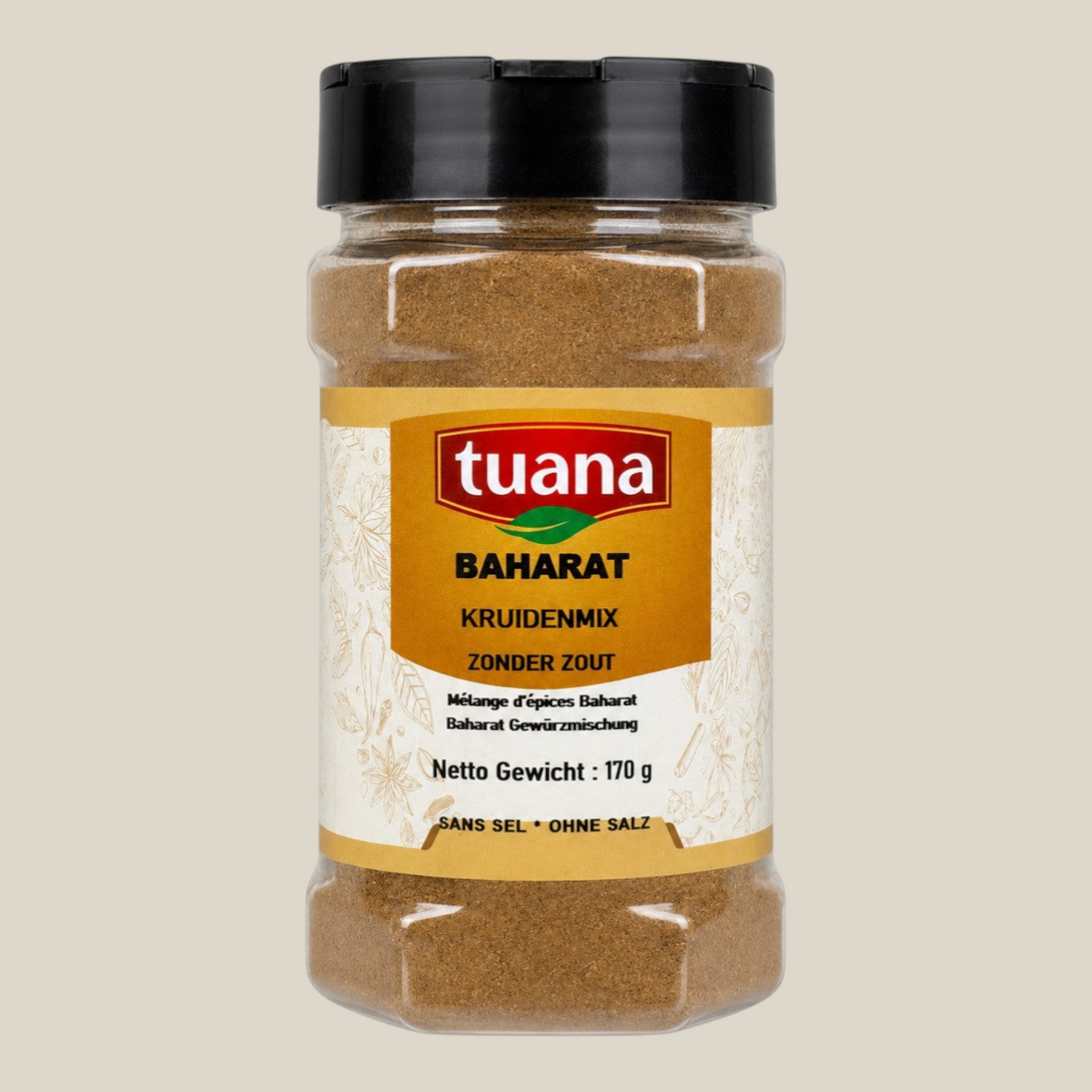 TuanaShop BV Baharat kruidenmix in een transparante pot van 170 gram met zwarte dop voor Midden-Oosterse gerechten.