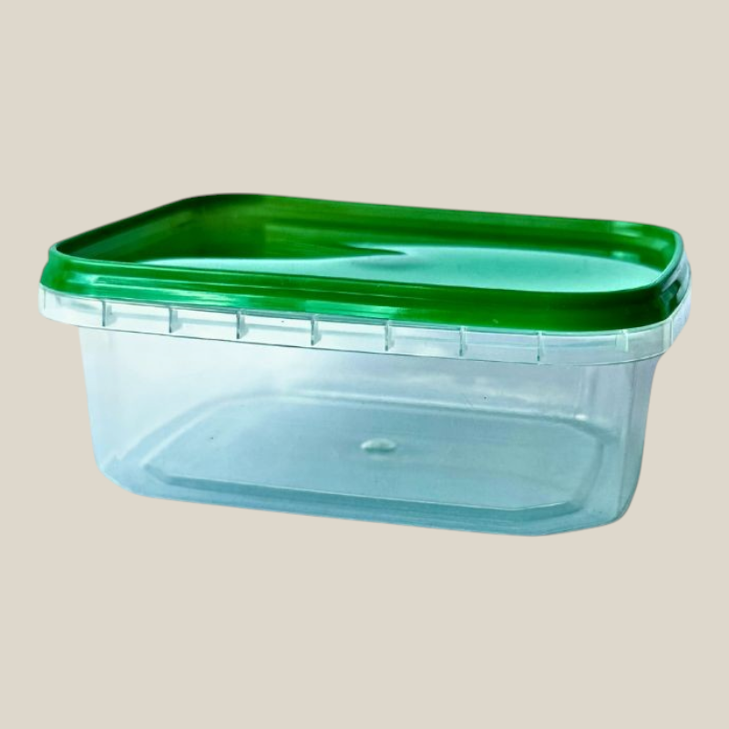 TuanaShop BV rechthoekige TE-cup van 250ml met groene deksel en garantiesluiting voor veilig bewaren van vloeistoffen.