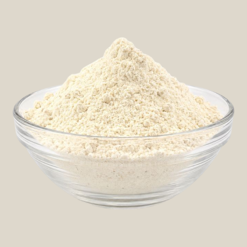 TuanaShop BV batter mix voor vis en kip in een glazen kom, fijn beige poeder voor een knapperige korst.