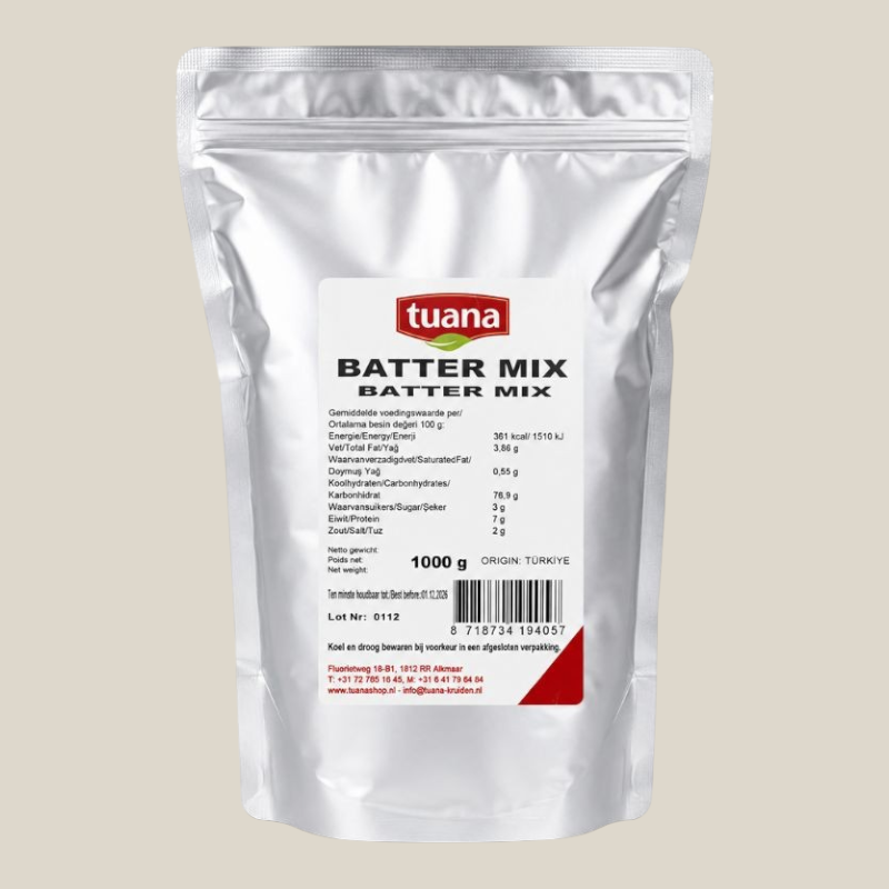 TuanaShop BV Batter Mix in een zilverkleurige stazak van 1000 gram voor knapperige vis, kip en groenten.