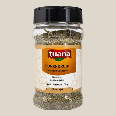 TuanaShop BV gedroogd bonenkruid in een doorzichtige kruidenpot met zwart deksel voor een aromatische smaakmaker.