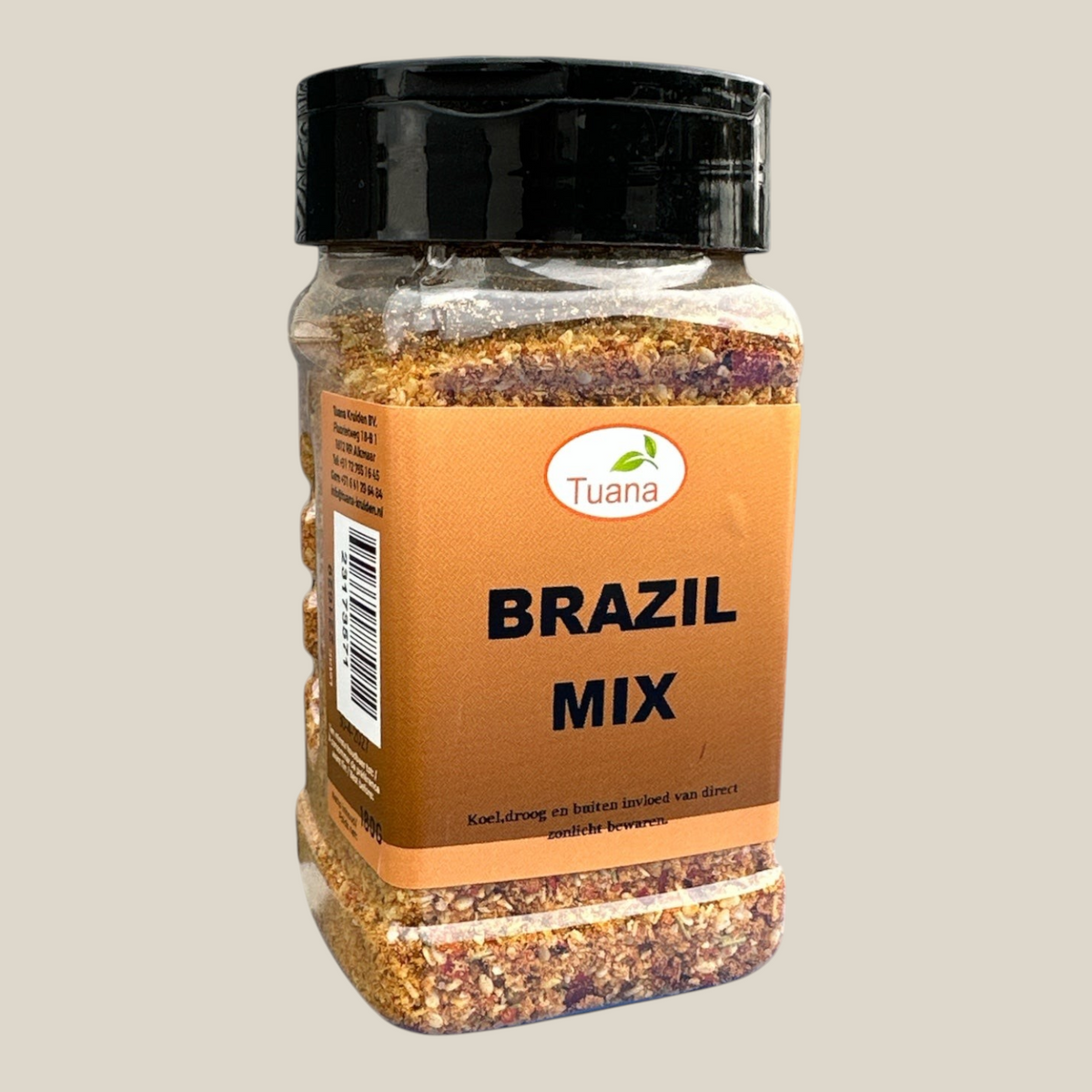 TuanaShop BV Brazil Mix kruiden in een doorzichtige kunststof pot met zwart deksel voor vlees en groenten