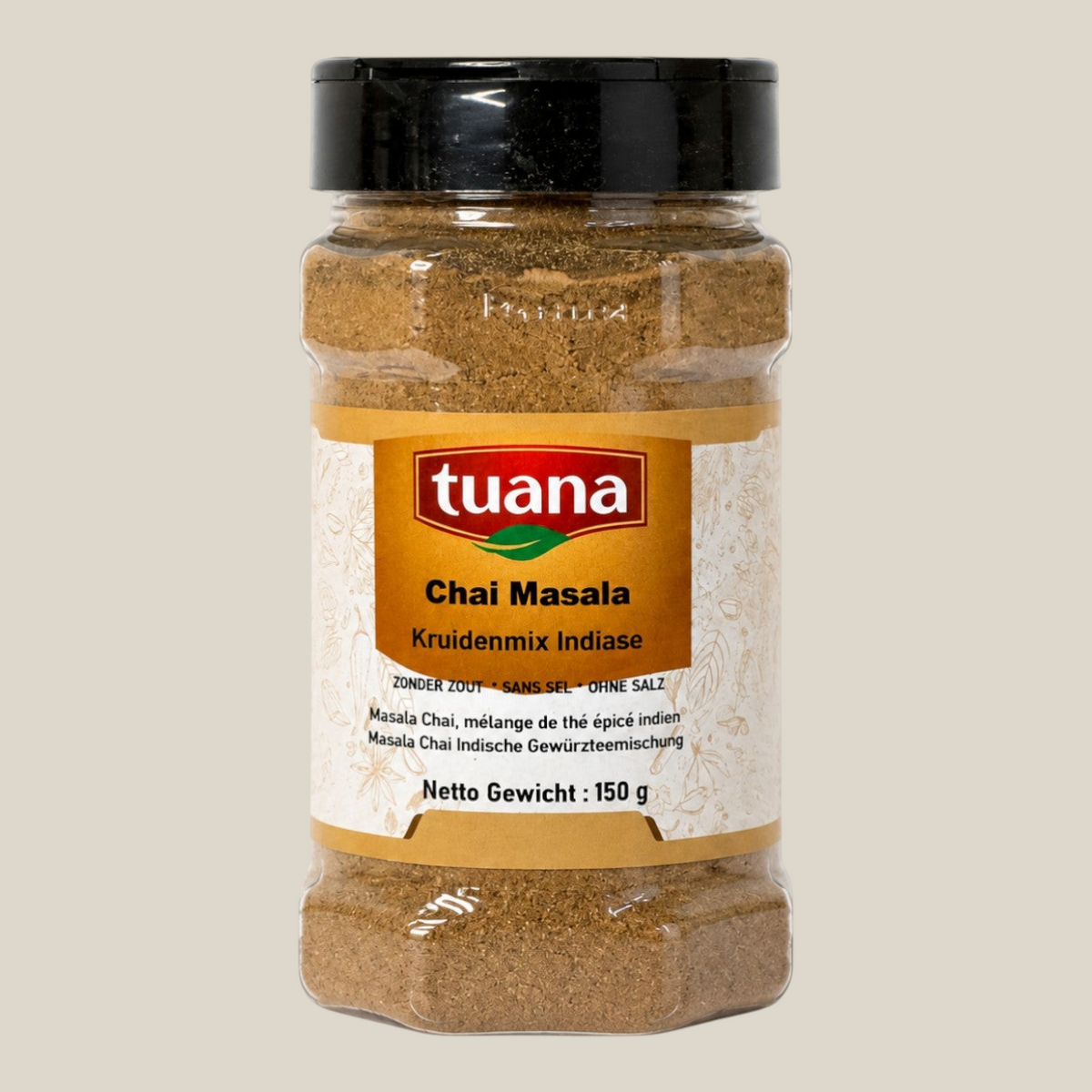 TuanaShop BV Chai Masala kruidenmix in een transparante pot met zwarte dop voor authentieke Indiase thee.