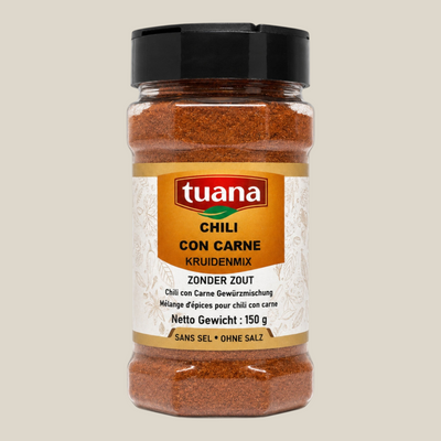 TuanaShop BV Chili Con Carne kruidenmix in een transparante pot met zwarte dop, rijk aan paprika en specerijen.