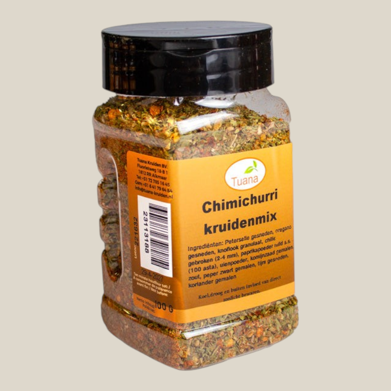 TuanaShop BV Chimichurri kruidenmix in een transparante pot van 100g met aromatische kruiden en specerijen.
