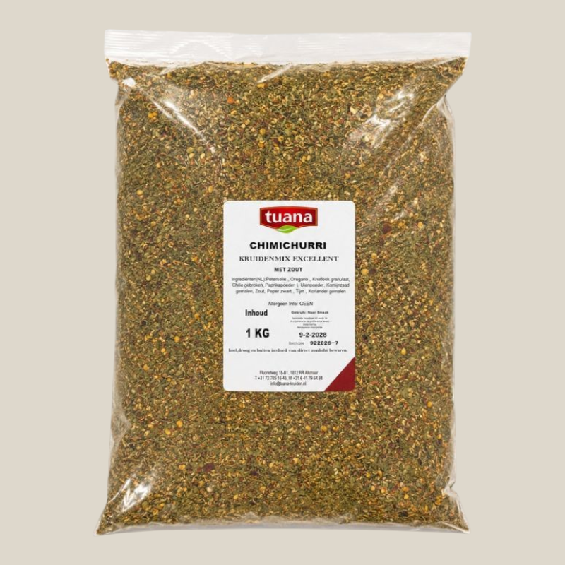 TuanaShop BV Chimichurri kruidenmix in een transparante verpakking van 1 kg met gedroogde kruiden en specerijen