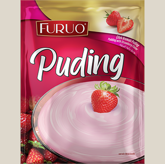 Furuo aardbeipudding mix van TuanaShop BV in een roze verpakking met een afbeelding van romige aardbeipudding.