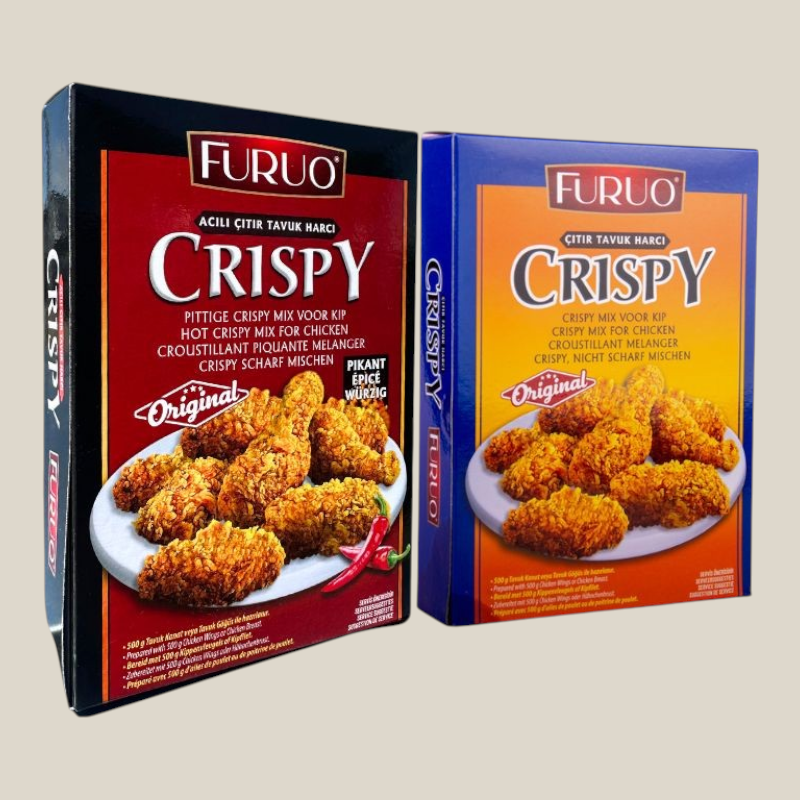 TuanaShop BV FURUO Crispy paneermix voor kip, zowel pittige als originele varianten in kleurrijke verpakkingen.