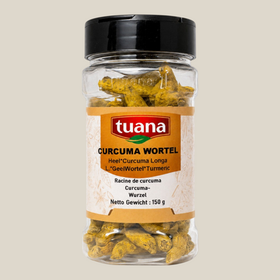 TuanaShop BV pot met hele kurkumawortels voor een aardse en kruidige smaak in gerechten