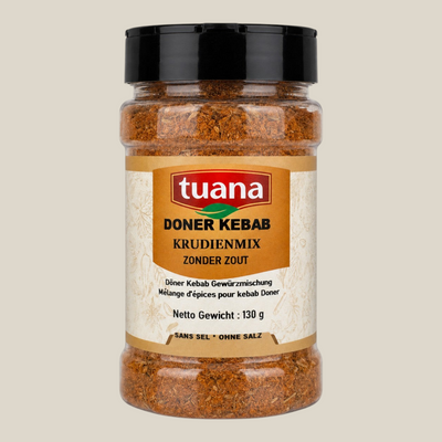 TuanaShop BV doner kebab kruidenmix zonder zout in een transparante strooibus van 130 gram.