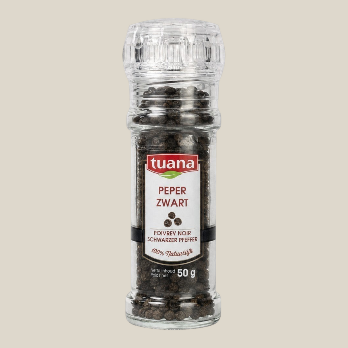 TuanaShop BV zwarte peper molen met 50 gram aromatische zwarte peperkorrels uit Vietnam