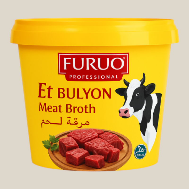 TuanaShop BV Furuo runderbouillon poeder in een gele 1 kg verpakking voor soepen en sauzen met halal certificering