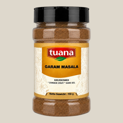 TuanaShop BV Garam Masala kruidenmix in een transparante pot met zwart deksel voor authentieke Indiase gerechten.