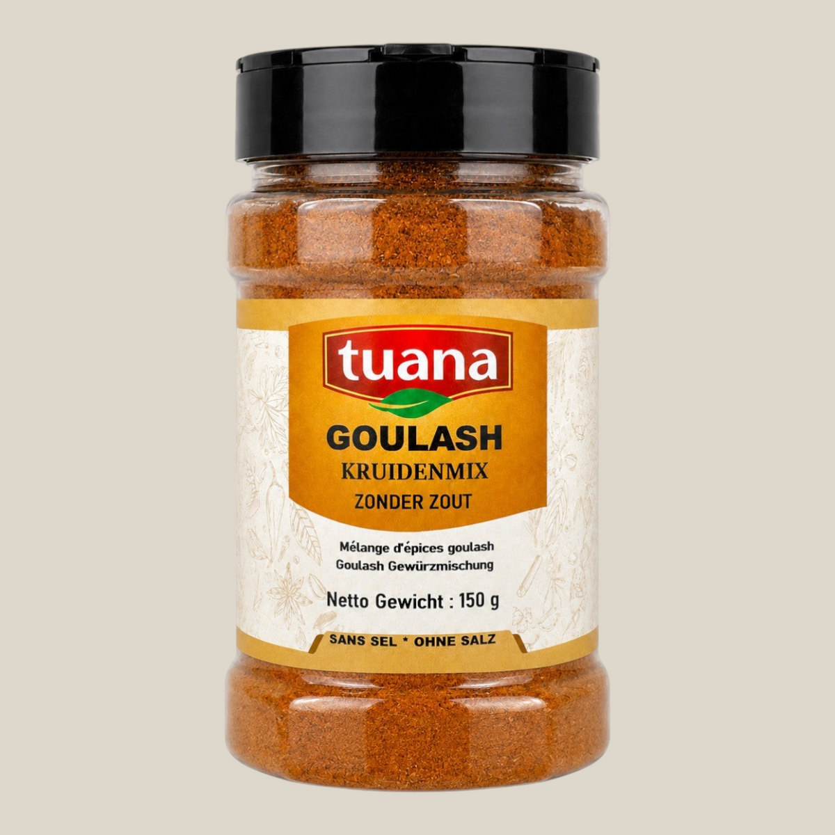 TuanaShop BV goulash kruidenmix zonder zout in een doorzichtige kruidenpot met zwart deksel