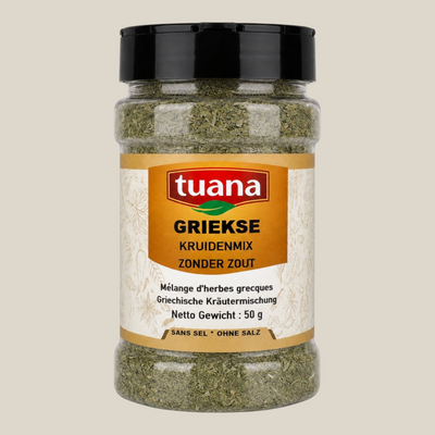 TuanaShop BV Griekse kruidenmix zonder zout in een doorzichtige kruidenpot met zwart deksel.
