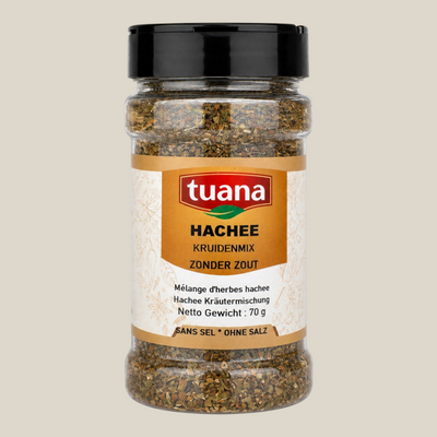 TuanaShop BV hachee kruiden zonder zout in een doorzichtige kruidenpot met zwart deksel voor stoofgerechten.