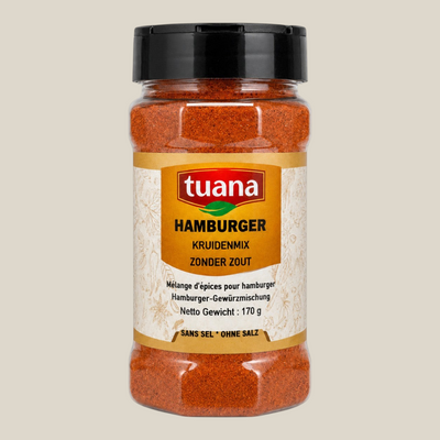 TuanaShop BV hamburger kruiden zonder zout in een doorzichtige kruidenpot met zwart deksel en beige etiket.