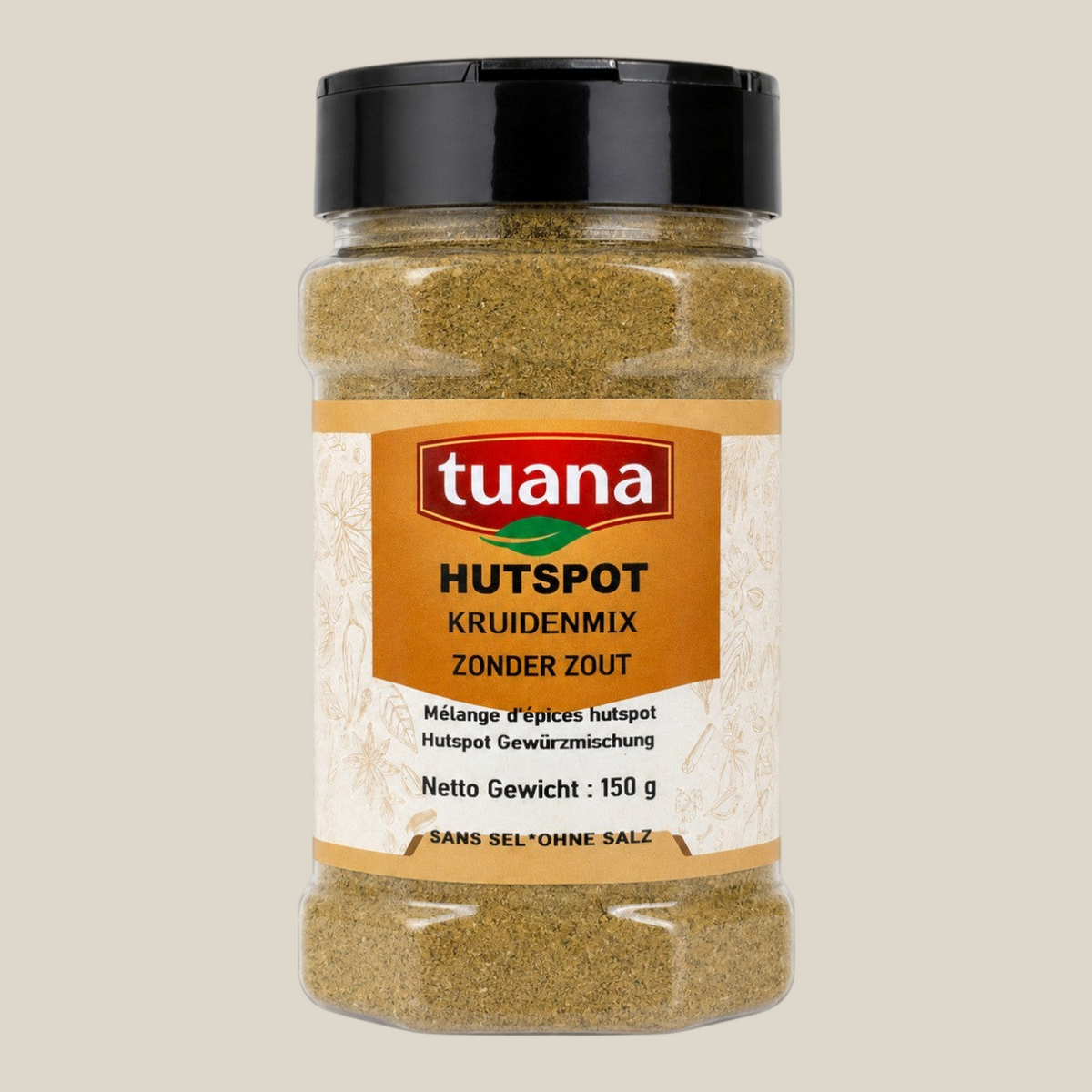 TuanaShop BV Hutspot Kruidenmix in een transparante strooibus met zwarte dop voor een authentieke smaak.