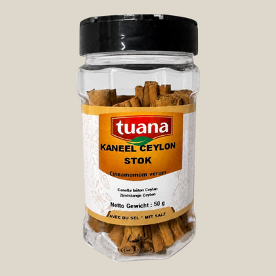 TuanaShop BV pot met Ceylon kaneelstokjes, gedroogde aromatische bastrollen voor gerechten en warme dranken.
