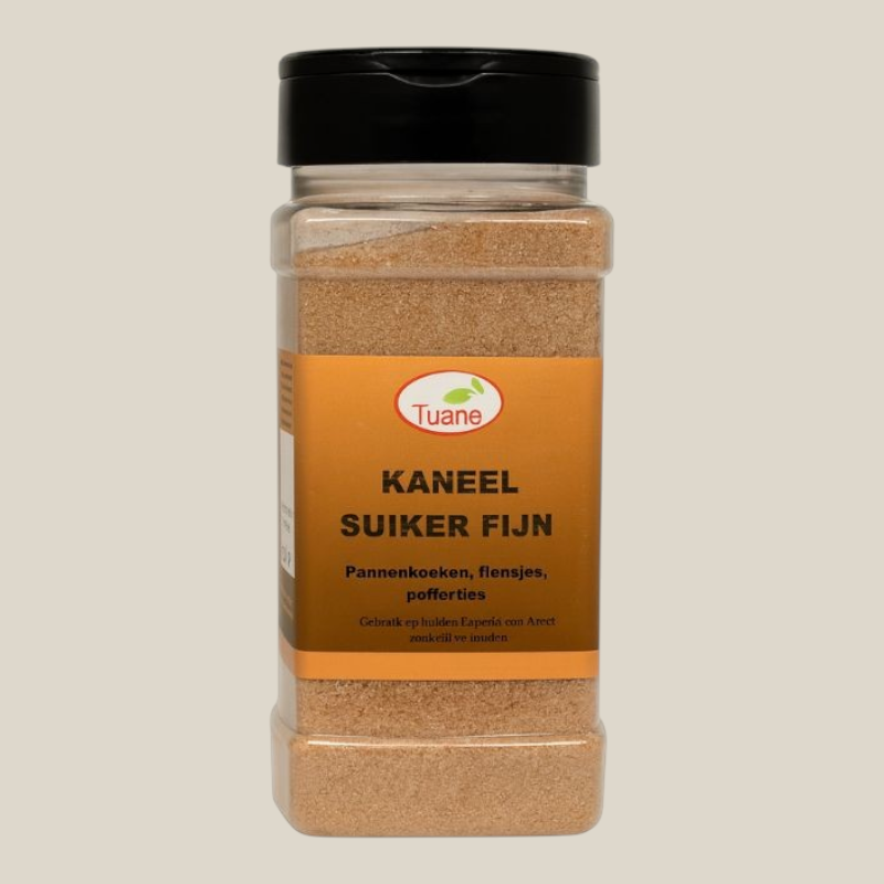 TuanaShop BV fijne kaneelsuiker in een doorzichtige strooibus van 400g voor pannenkoeken en desserts