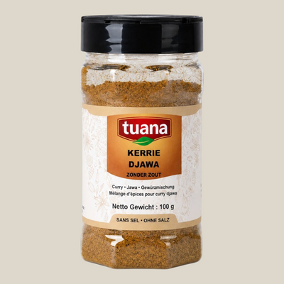 TuanaShop BV Kerrie Djawa kruidenmix in een doorzichtige pot met zwarte dop voor Indonesische currygerechten