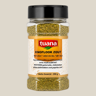 TuanaShop BV knoflookzout mix in een doorzichtige kruidenpot met zwarte dop en etiket met ingrediënten