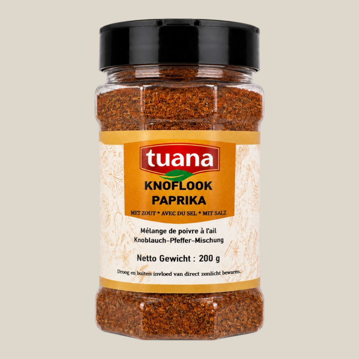 TuanaShop BV Knoflook Paprika kruidenmix in een doorzichtige pot met zwarte dop voor vlees en groenten