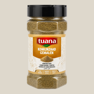 TuanaShop BV pot met gemalen komijnzaad, een aromatisch en nootachtig kruid voor curry's en stoofschotels.