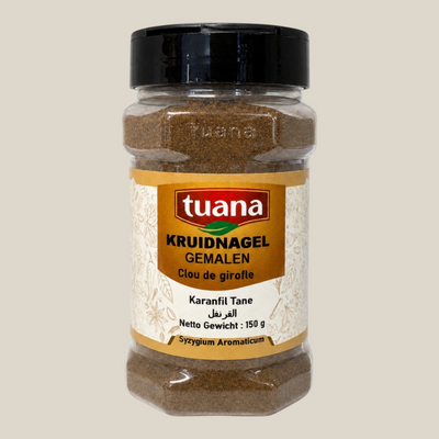 TuanaShop BV gemalen kruidnagel in een doorzichtige kruidenpot met zwart deksel voor een aromatische smaak.