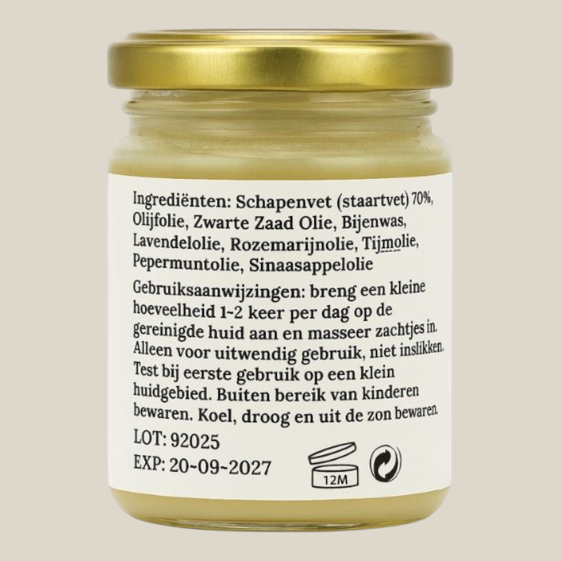 TuanaShop BV schaapstaartvet crème in een glazen pot met ingrediëntenlijst en gebruiksaanwijzing op het etiket.