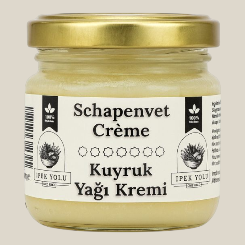 TuanaShop BV schaapstaartvet crème in een glazen pot met gouden deksel voor natuurlijke huidverzorging