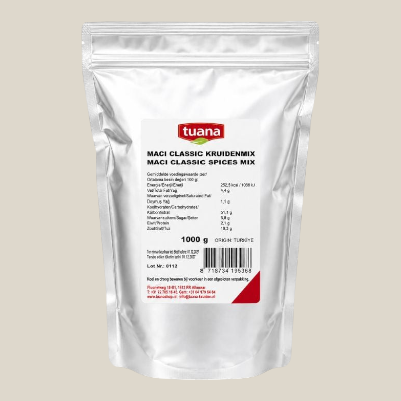 TuanaShop BV Maci Classic kruidenmix in een zilverkleurige stazak van 1000 gram voor vlees en rijstgerechten.