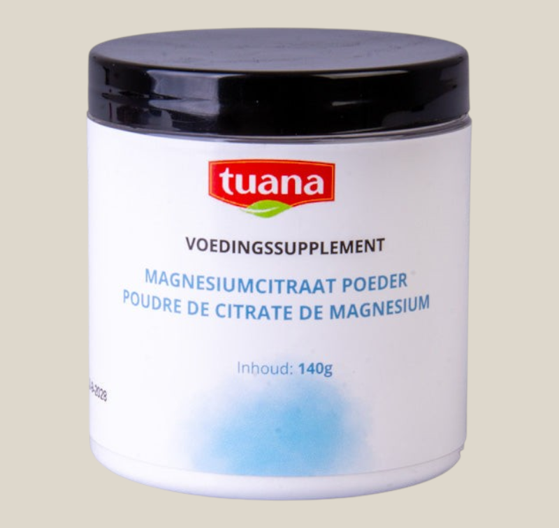 TuanaShop BV Magnesiumcitraat poeder voedingssupplement in een witte pot van 140 gram met zwarte schroefdop