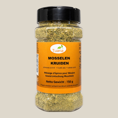 TuanaShop BV Mossel Kruiden specerijenmix in een doorzichtige kruidenpot met oranje etiket voor visgerechten.