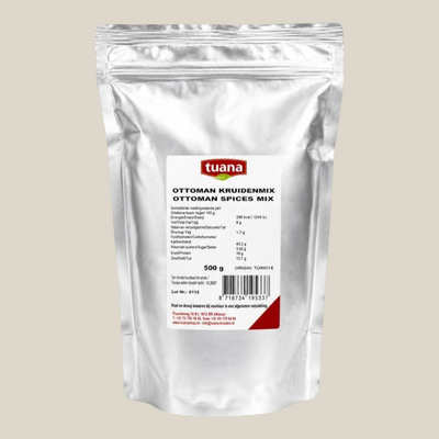 TuanaShop BV Ottoman kruidenmix in een zilverkleurige 500g verpakking met authentieke Turkse specerijen