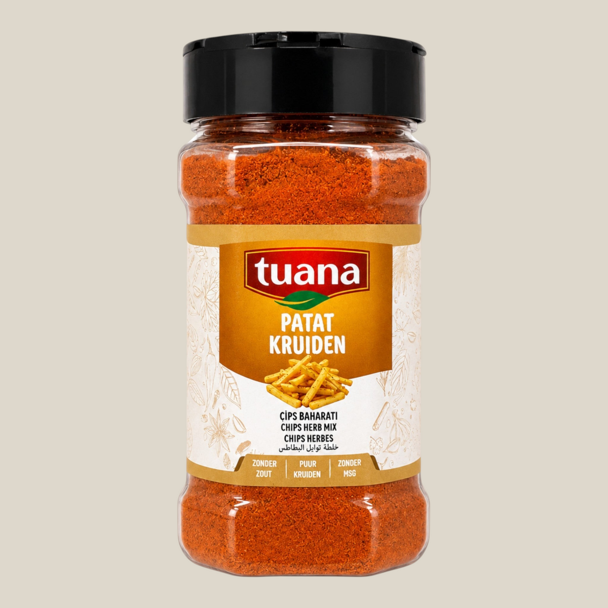 TuanaShop BV patat en frites kruiden zonder zout in een doorzichtige kruidenpot met zwart deksel