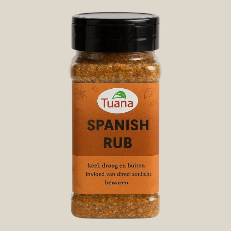 TuanaShop BV Spanisch Rub kruidenmix in een doorzichtige pot van 200 gram met een oranje etiket voor BBQ vlees.