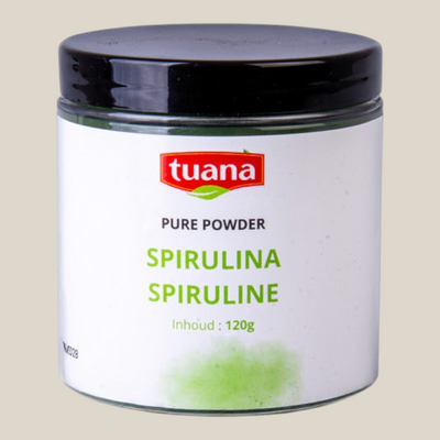 TuanaShop BV Spirulina pure poeder in een potje van 150 gram, een natuurlijke blauwgroene alg voor smoothies.