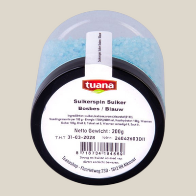 TuanaShop BV suikerspinsuiker met bosbessensmaak in een blauwe kleur, verpakt in een handige pot van 200 gram.