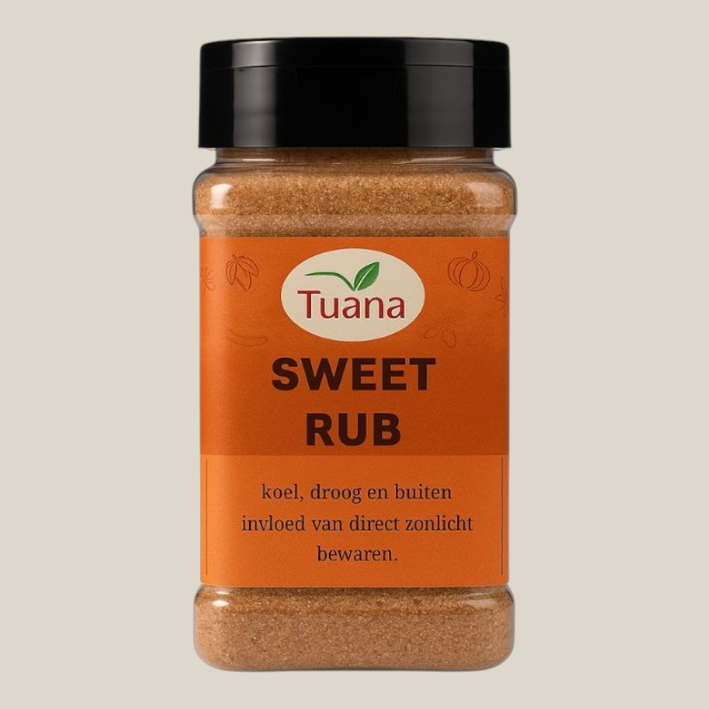 TuanaShop BV Sweet Rub kruidenmix in een doorzichtige pot met zwart deksel voor barbecue en oven