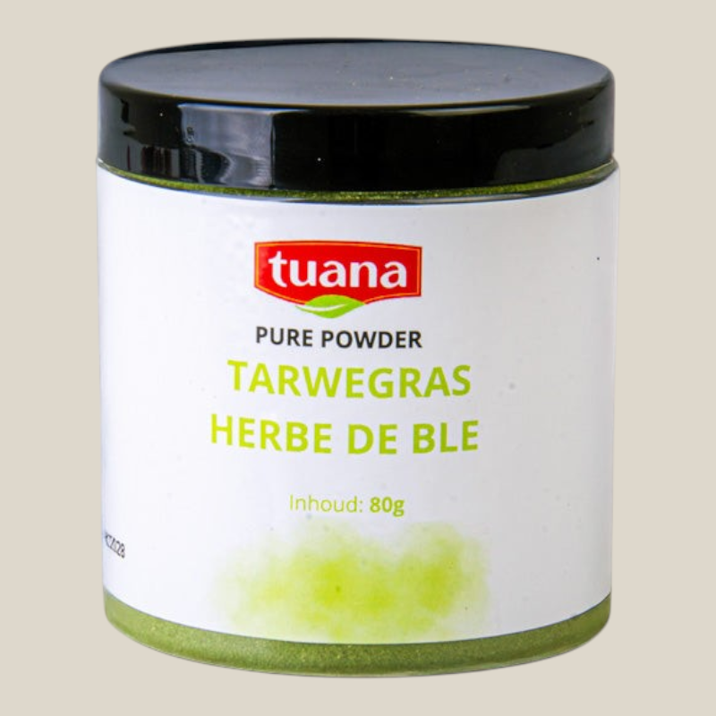 TuanaShop BV pot met 80 gram puur tarwegraspoeder voor smoothies en gezonde voeding