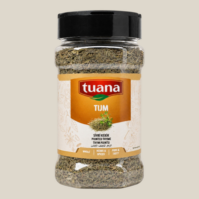 TuanaShop BV pot met gedroogde hele tijm kruiden in een transparante verpakking met zwart deksel